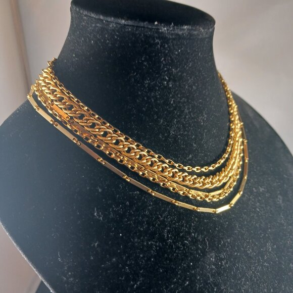 Vintage Gold Tone 5 Layered Statement Choker Necklace - Picture 2 of 10